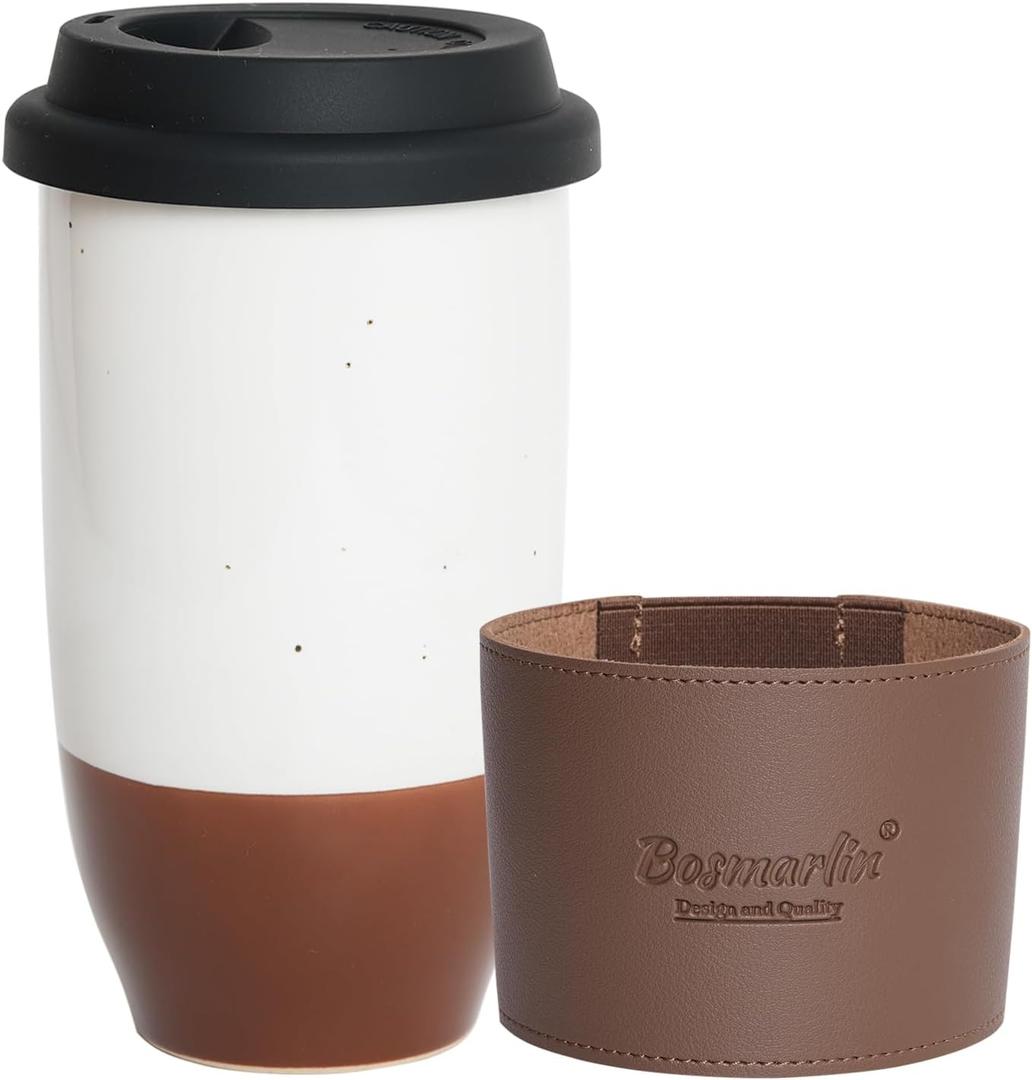 Bosmarlin Ceramic Travel Coffee Cup with Lid, 16 Oz, Portable Coffee Mug for Car Cup Holder, Microwave and Dishwasher Safe (White, 16 Oz)