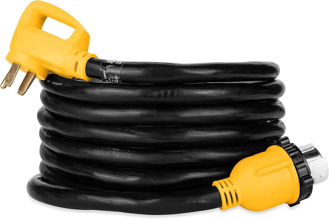 Camco Power Grip 25-Ft 50 Amp RV Extension Cord - Rated for 125/250 V/12,500 W - Features Copper 6/3 + 8/1-Gauge Wires for Superior Conductivity & Coated w/Heat-Resilient PVC (55542)