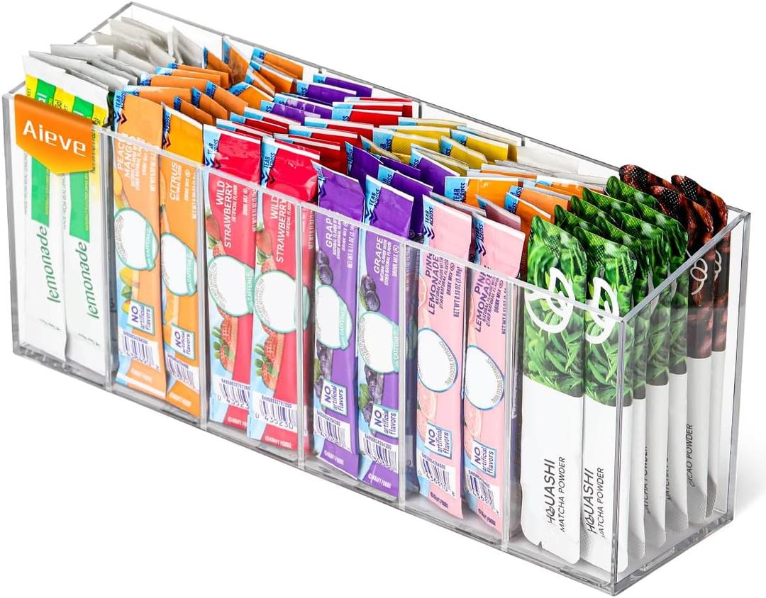 AIEVE Drink Packet Organizer, Water Drink Packet Holder with Removable Divider, Water Flavor Packet Organization Container for Kitchen Organizers and Storage (6 Compartments) (Rectangle (1 pack))