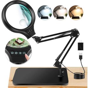 NZQXJXZ 10X 30X Large Magnifying Glass with Light and Stand, 5-inch LED Lighted Magnifier, 3 Color Modes Stepless Dimmable, Hands-Free Magnifying Glass Desk Lamp for Reading Craft Hobby Close Work (Black)