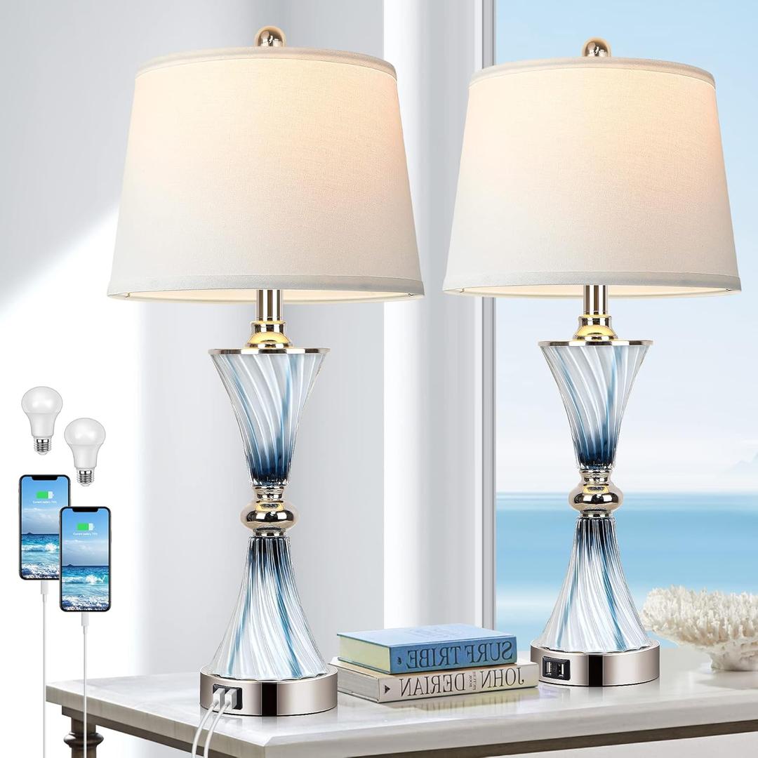 Set of 2 Blue Glass Table Lamps for Bedrooms with 2 USB ports 3-Way Dimmable Touch Coastal Bedside Lamps for Contemporary Style Modern Nightstand Lamps with 2 LED Bulbs for Home Lighting Decoration (Blue)
