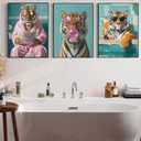 3Pcs Funny Tiger Bathroom Canvas Wall Art Trendy Preppy Tiger Bathroom Wall Decor Prints Fashion Sunglasses Animal Toilet Paintings Pictures for Washroom Toilet Home Decoration 16x24in Unframed