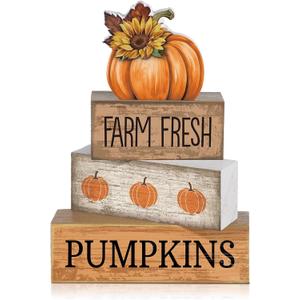 4 Pcs Thanksgiving Pumpkin Decor Fall Table Decoration Fall Tiered Tray Decor Thanksgiving Centerpiece Rustic Decorative Pumpkin Block Signs Farmhouse Harvest Decoration for Home Kitchen