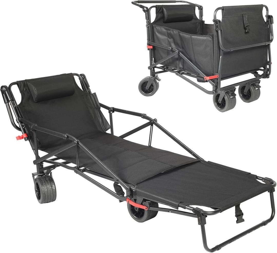 Beach Wagon Chair, 2 in 1 Folding Beach Wagons with Big Wheels for Sand, 400 lbs Capacity Rolling Cart Chair Lounge Wagons Combo, Chairs Wagon Chaise Patio Lounge Outdoor, Tanning Chair (Black BC)