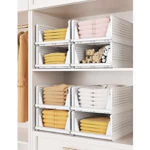 4 Pack Closet Organizer System, Stackable Plastic Clothes Storage Basket, Stackable, Foldable Organizers for Wardrobe Clothes Organizer Suitable for Bedrooms Bathrooms Kitchen Living Rooms Office Dorm