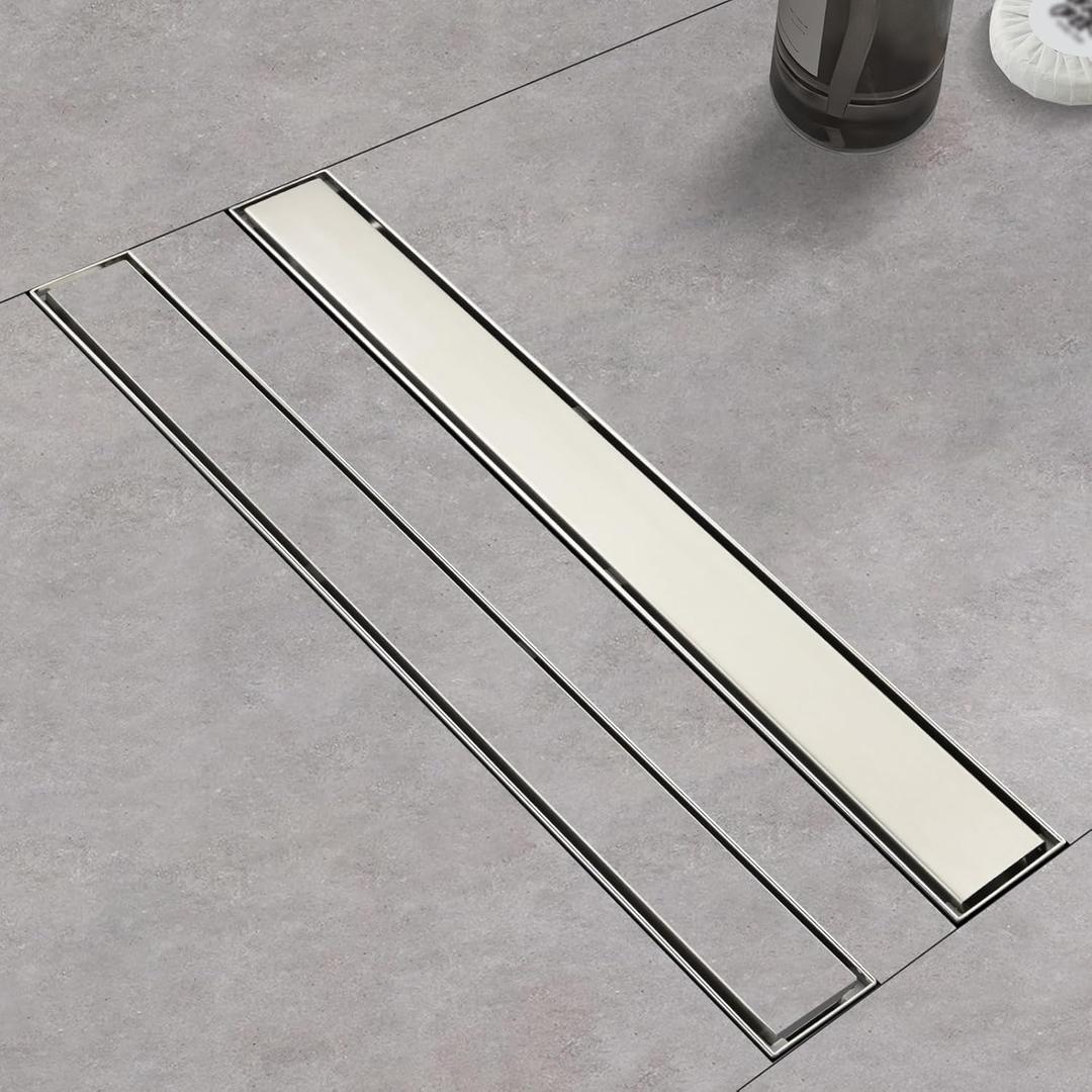 Linear Shower Drain 24 Inch Brushed 304 Stainless Steel Rectangle Shower Floor Drainwith Reversable Tile-inPattern Drain Cover & Hair Catcher, Adjustable Feet