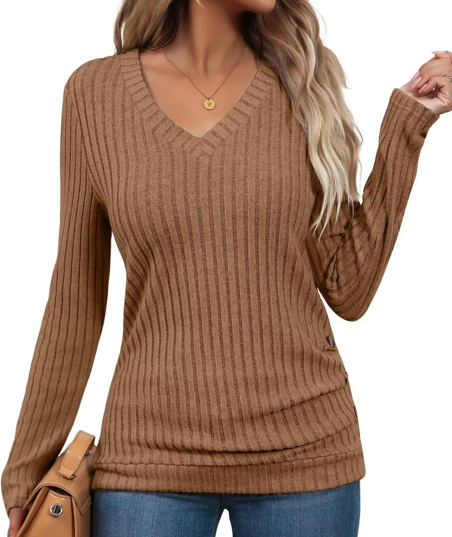 Bliwov Womens Tunic Tops Long Sleeve V Neck Casual Fall Outfits Ruched Button Pullover Sweater Loose Blouse Fashion Clothes (L)