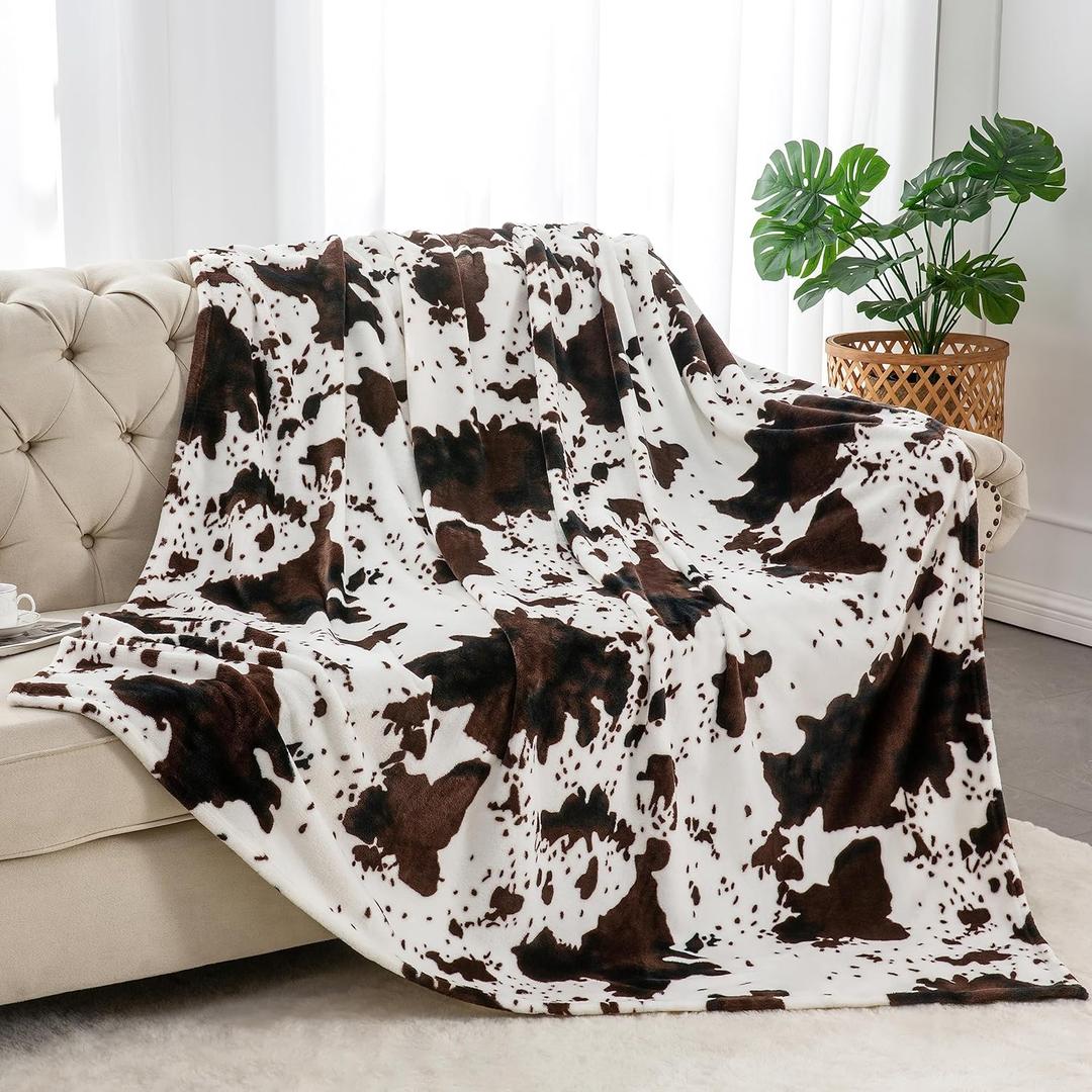 BEDELITE Cow Print Throw Blanket for Couch & Bed, 300GSM Cute Luxury Plush Cozy Fuzzy Blanket 50" x 60", Super Soft Warm Lightweight Throw Blanket for Travel Camping, Brown