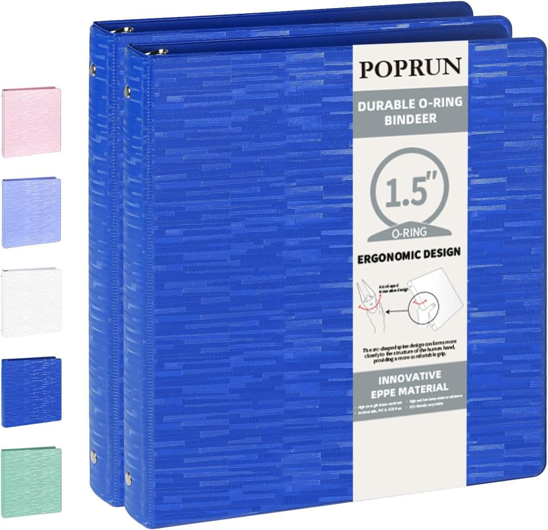POPRUN 3 Ring Binder 1.5 Inch, PVC-Free, Holds 325 Sheets of 8.5 x 11 Paper, Extra Durable Organizer with 2 Pockets for School & Office, Heavy-Duty, 2 Pack, Prussian Blue
