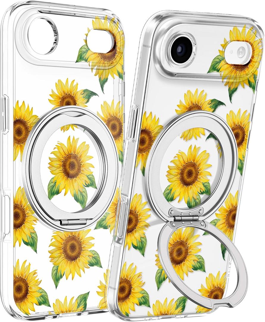 Loheckle for iPhone 17 Air Case with Stand- Compatible with MagSafe Women Girls Cute Clear Girly Aesthetic Unique Design Soft TPU Magnetic Ring Phone Cover for Apple 17 Air, Sunflower