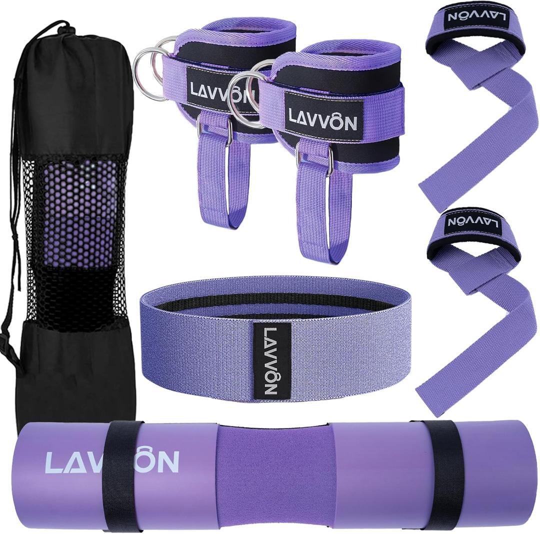 7Pcs-Barbell Pad Set for Hip Thrust - Squat Pad, Bench Press Workout Foam Weight Lifting Bar Cushion,Gym Accessories for Women with Bar Bad,with Gym Ankle Straps,Hip Resistance Bands,Lifting Strap (Purple)