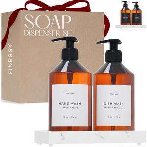 FINESSY Amber Hand Dish Soap Dispenser for Kitchen Countertop and Bathroom with Tray Set for Refillable Liquid Detergent Dishwasher and Lotion Bottles, Farmhouse Kitchen Soap Dispenser Set with Pump