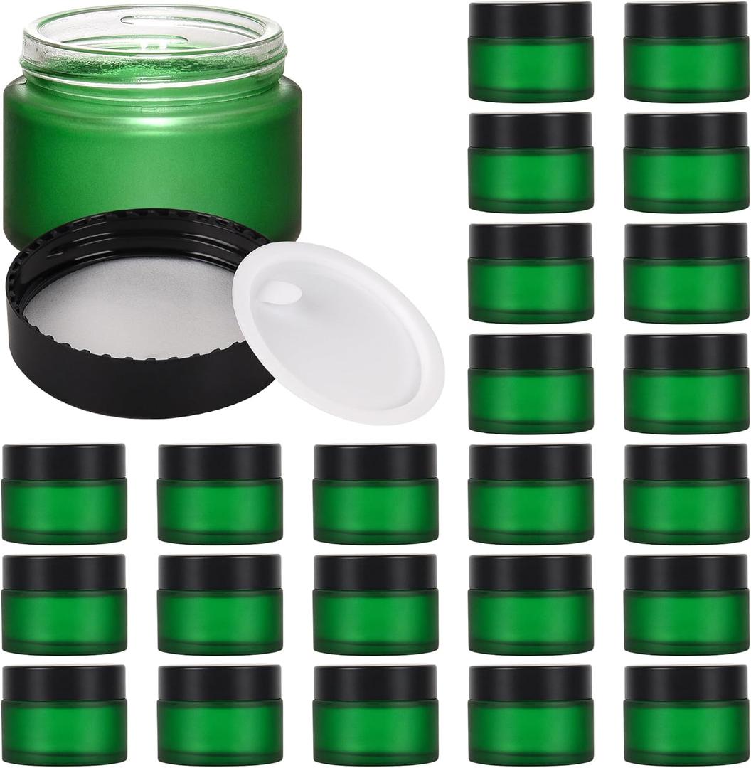BILLIONSTARS 50g Green Frosted Glass Cream Jars with Black Lid - Airtight Cosmetic Containers for Face Cream, Body Lotion, DIY Skincare Packaging, BPA-Free (Set of 24) (Green Frosted, 1.7oz)