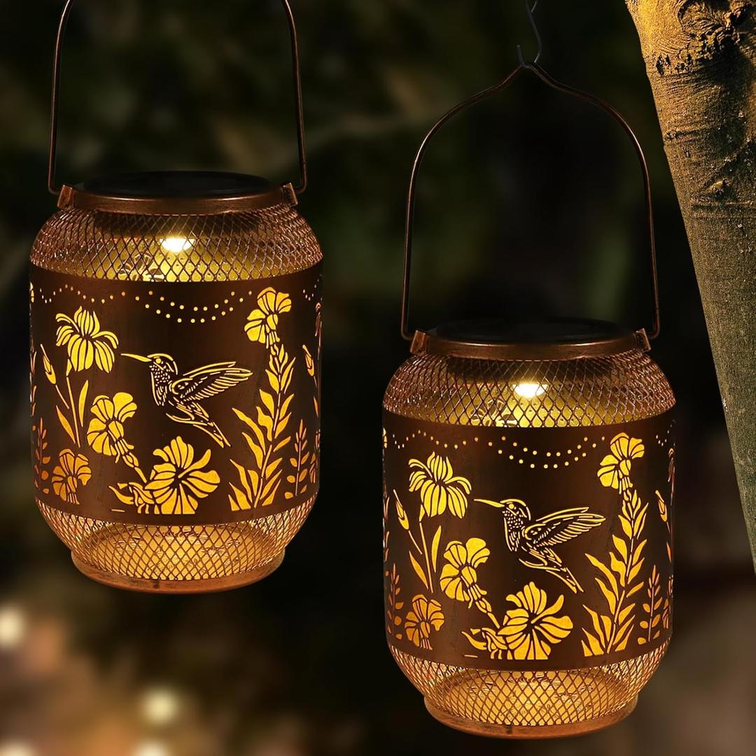 2 Pack Solar Lanterns Outdoor, Birthdays Gifts for Women Mom Grandma, Metal Waterproof Hanging Hollow Out Garden Decorative Solar LED Light for Yard, Patio, Lawn, Porch, Backyard (Hummingbird)
