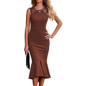 PRETTYGARDEN Women's Elegant Midi Bodycon Dress Sleeveless Backless Ruffle Hem Mermaid Formal Cocktail Wedding Guest Dresses (Coffee, Medium)