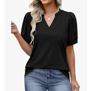 OFEEFAN Women's Pleated Puff Sleeve Tops Summer V Neck Tunic Shirts Loose Curved Hem Blouses Dressy Casual S