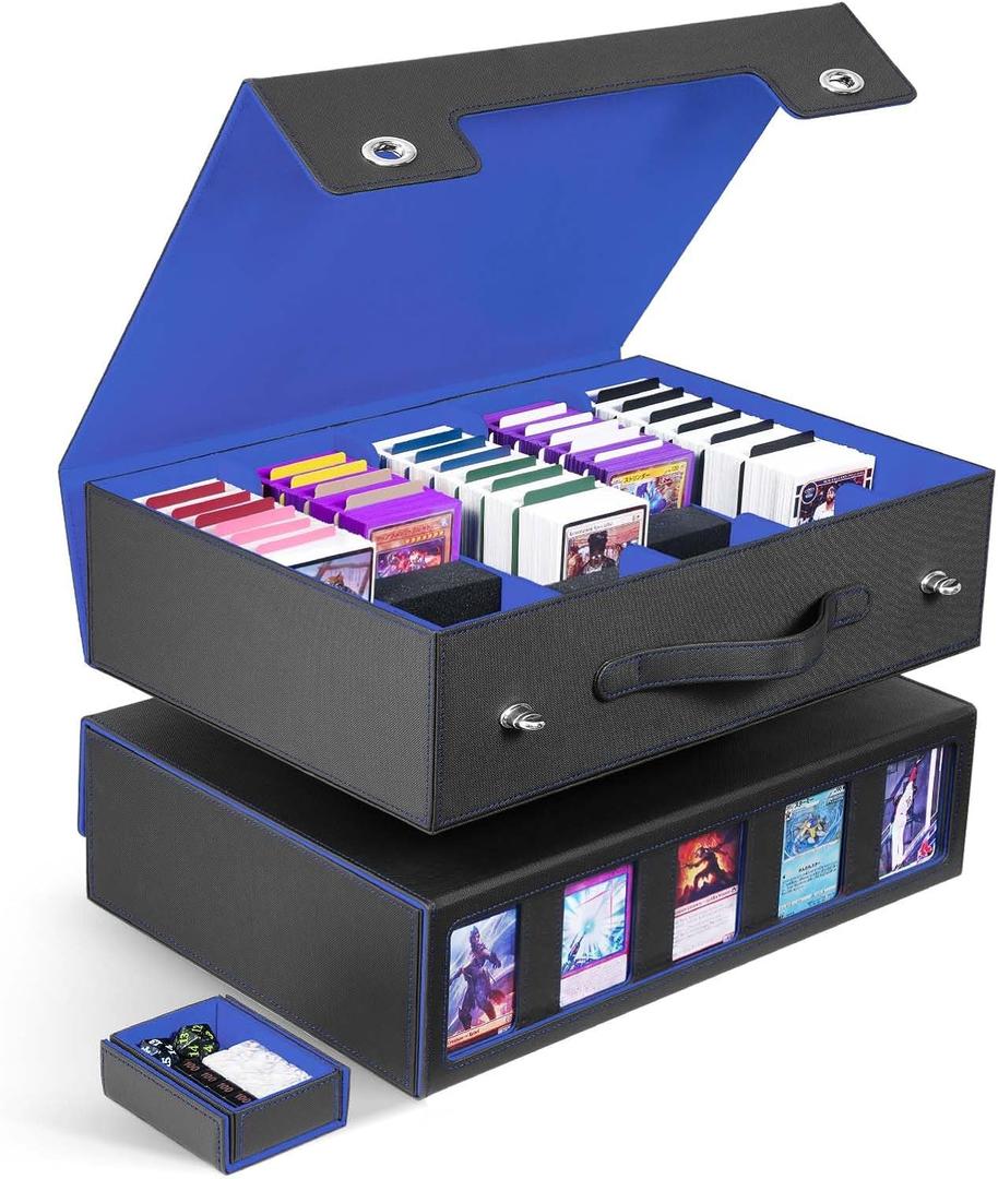 ZLCA Trading Card Storage Box 5-Row with Handle, MTG Storage Box Holds 3900+ Cards with Commander Display, Top Loaders Organizer Case for TCG PTCG Sport Card(Black&Blue)