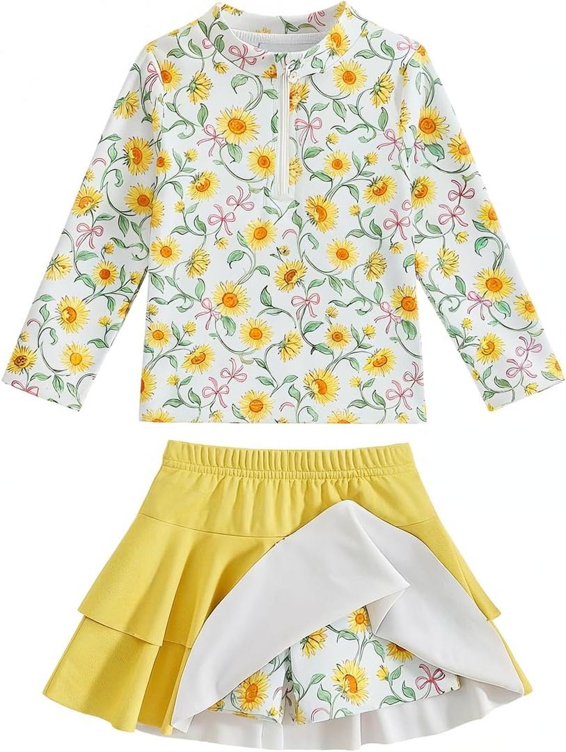 Girls Rash Guard Swimsuit Set UPF 50+ Long Sleeve Two Piece Swimwear Half Zip with Skirt Bottom for Kids 3-10Y