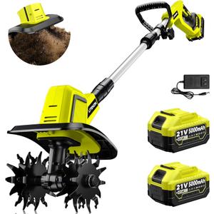 Cordless Tiller Cultivator with 2 x 5.0AH Batteries(120Minutes Use) &1.5A Fast Charger, 540RPM Powerful Battery Powered Garden Tiller Electric Rototiller with 10In Tilling Width & 7In Depth (Green)