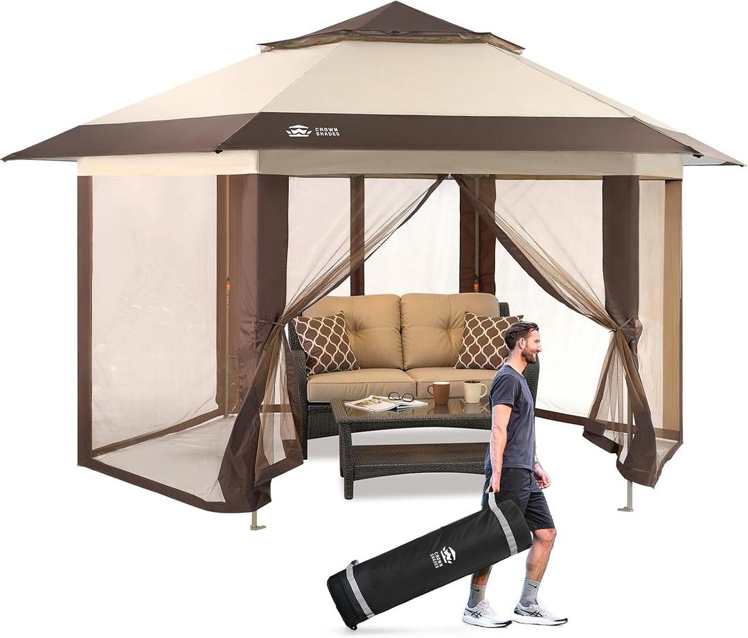 CROWN SHADES 12x12 Pop Up Gazebo with Mosquito Nettings, Patented CENTERLOK 6-Sided Portable Gazebo, 300D Silver-Coated Fabric UV Resistant, Pop Up Canopy Tent for Patio, Party, Beige&Coffee