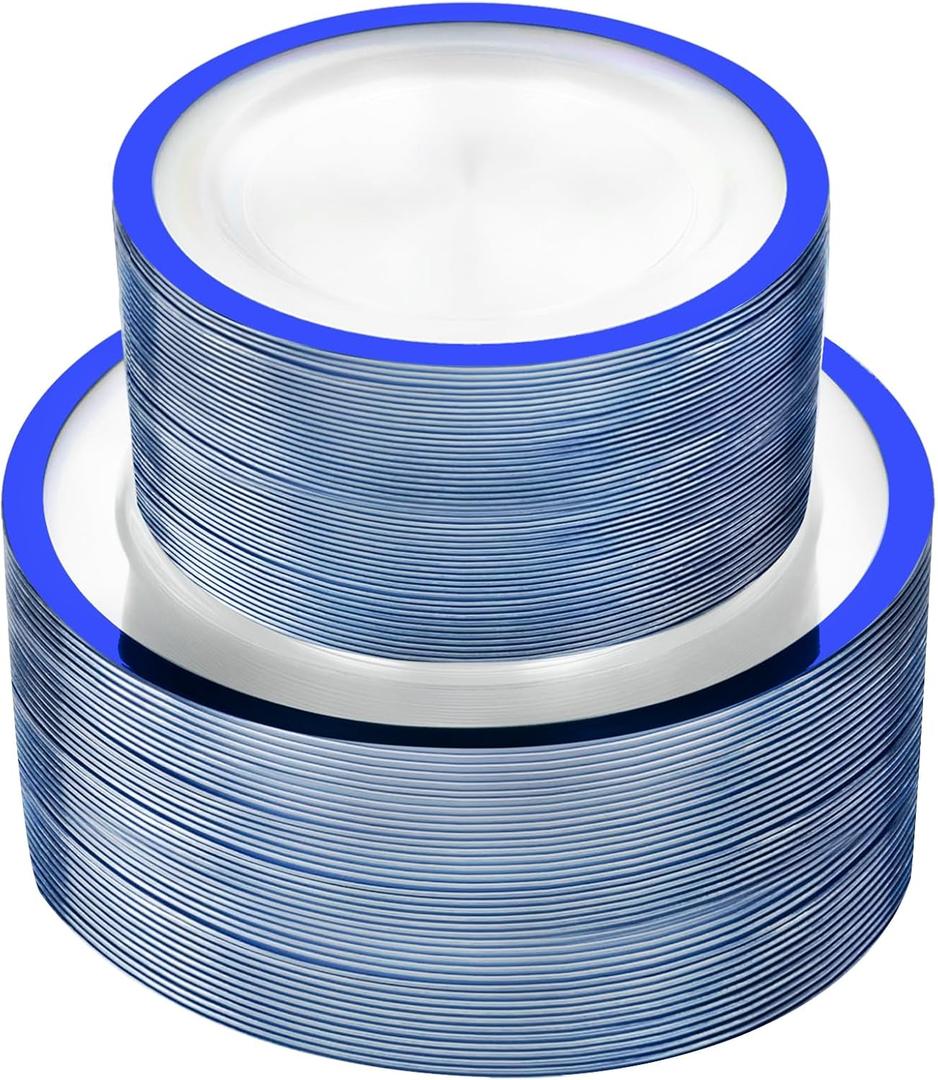 U-QE 120pcs Blue Plastic Plates for Party - Clear and Blue Disposable Plates Heavy Duty - Includes 60 10" Dinner & 60 7" Dessert Plates for Party, Birthday & Wedding