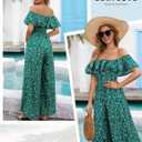 BeryLove Women Floral Casual Jumpsuit Summer Off The Shoulder Wide Leg Vacation Beach Jumpsuits with Pockets (Green, XL)