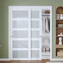 Finosen Bypass Sliding Closet Door Slab, 60 x 80 in (Double 31 inch), 5-Lite Frosted Glass, Barn Door with Hardware Kit Included, Need to Assemble, MDF with PVC Surface, White