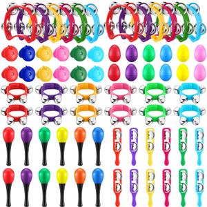 Silipull 72 Pcs Shaker Musical Instruments Set for Kids Early Music Learning Toy Bulk Egg Shaker Wrist Hand Band Bells Maracas Percussion Tambourine Cymbals Plastic Castanets for Preschool