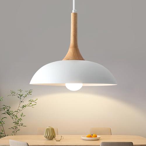 GUIHUALOVE White Pendant Lights Kitchen Island, Modern Pendant Light with Wood Cap, 13.8 inch Dome Pendant Light for Kitchen, Dining Room, Living Room
