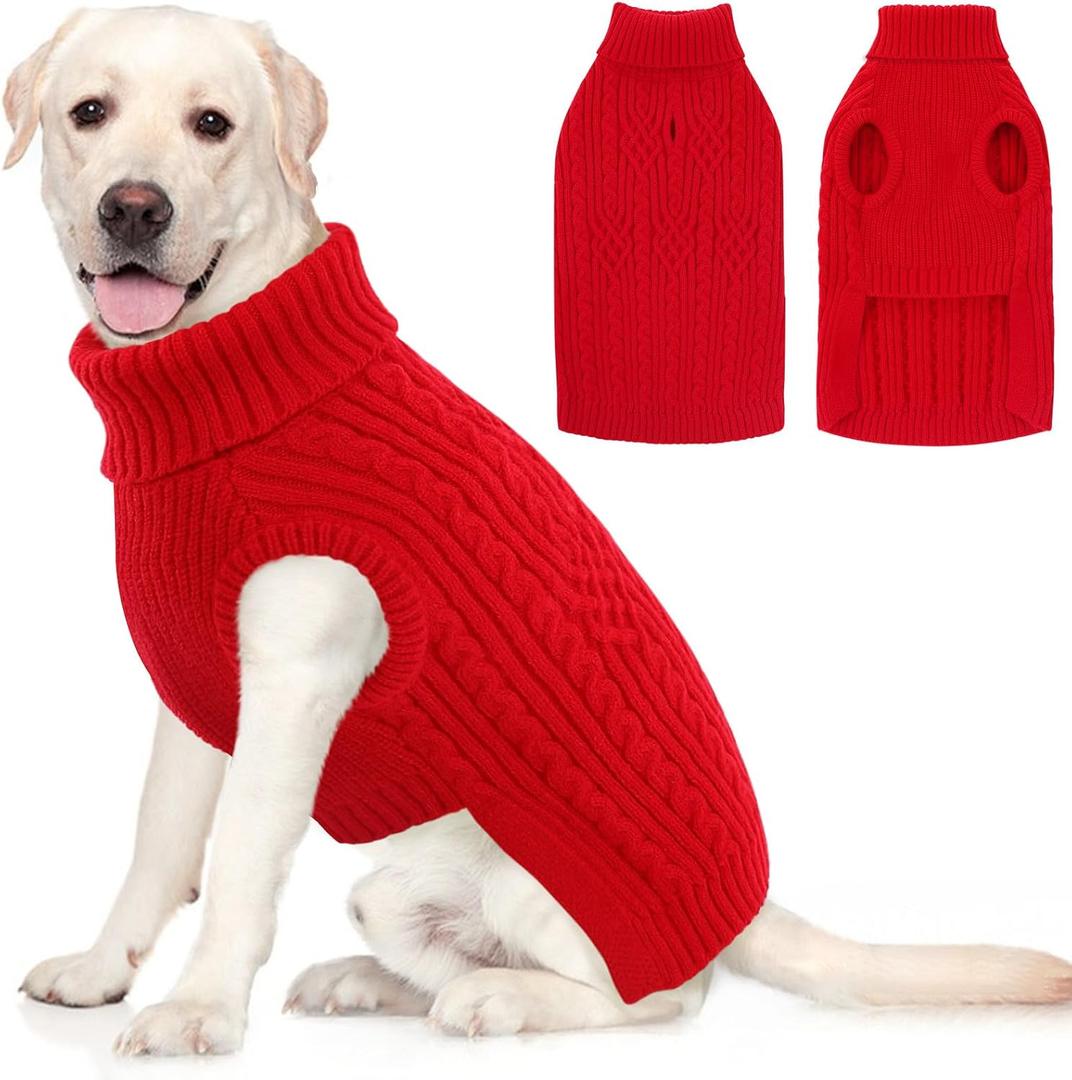 AOFITEE Large Christmas Dog Sweater, Turtleneck XXL Dog Sweater for Winter, Stretchy Knitwear Dogs Sweaters, Pet Knitted Pullover with Harness Hole for Pitbull, Golden Retriever, Labrador Red 2XL
