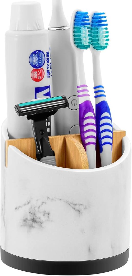 VITVITI Toothbrush Holders for Bathrooms, 3 Slots Toothpaste Holder Storage, Marble Look Bathroom Organizer Countertop for Sink/Vanity/Makeup, Round Bath Room Accessories, White Resin with Bamboo VITVITI Toothbrush Holders for Bathrooms, 3 Slots Toothpaste Holder Storage, Marble Look Bathroom Organizer Countertop for Sink/Vanity/Makeup, Round Bath Room Accessories, White Resin with Bamboo