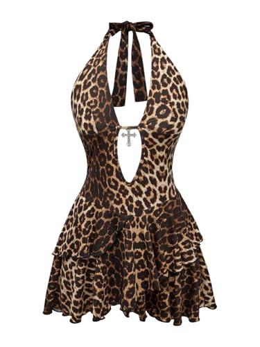SOLY HUX Women's Leopard Print Halter Dress Y2k Gothic Deep V Cheetah Tie Backless Layered Ruffle Mini Dresses Brown Leopard Large 