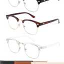 CCVOO 3 Pack Reading Glasses Blue Light Blocking, Retro Semi Rimless Readers for Men Women, Round Eyewear Filter UV400 (C1 Matte Black Silver/Clear Silver/Tea Gold)