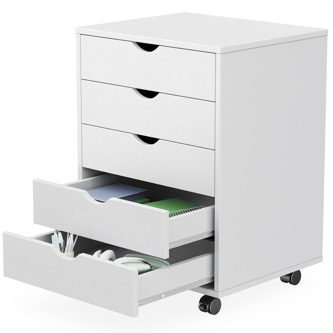 Sweetcrispy 5 Drawer Chest Mobile Storage Cabinets Small Wooden Dresser with Wheels Room Organization Furniture for Office Home, White Wood