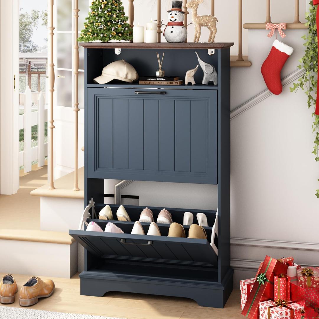 Shoe Storage Cabinet with 2 Flip Drawers, 24" W Farmhouse Modern Hidden Shoes Rack with Adjustable Shelves & Open Storage, Narrow Slim Shoe Organizer for Front Door Entrance, Entryway, Navy Blue