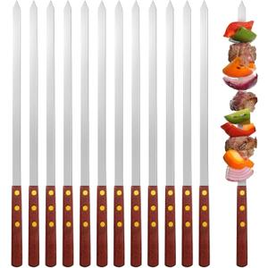 Cunhill 12 Pcs 17.7 Inch Kabob Skewers for Grilling 0.4 Inch Wide Flat Blade Thin Stainless Steel Kabob Sticks Long Barbecue Reusable Metal BBQ Skewers with Wood Handles for Tailgate Party Outdoor