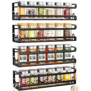 Doakhirmit 4 Pack Wall Mount Spice Rack with 16 Hooks,Hanging Spice Rack Organizer for Stove Cabinet Pantry Door, Screw or Adhesive Wooden Spice Shelf for Kitchen and RV Camper, Black