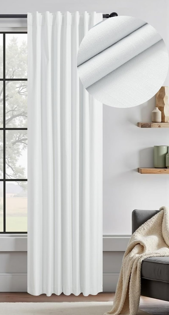 White Living Room Darkening Curtains 72 Inches Long 6 ft Length 1 Panel Cute Black Out Linen Window Drape for Nursery Bedroom Opaque Thermal Curtain for Summer Heat Light Blocking Lightweight Blackout
