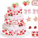 Strawberry Baby Shower Diaper Cake Decorations, Berry Sweet Baby Shower Cards Grosgrain Ribbons Artificial Roses Flowers Strawberry Decor Pink Bows for Fruit Theme Gender Reveal Favors (Red and Pink)