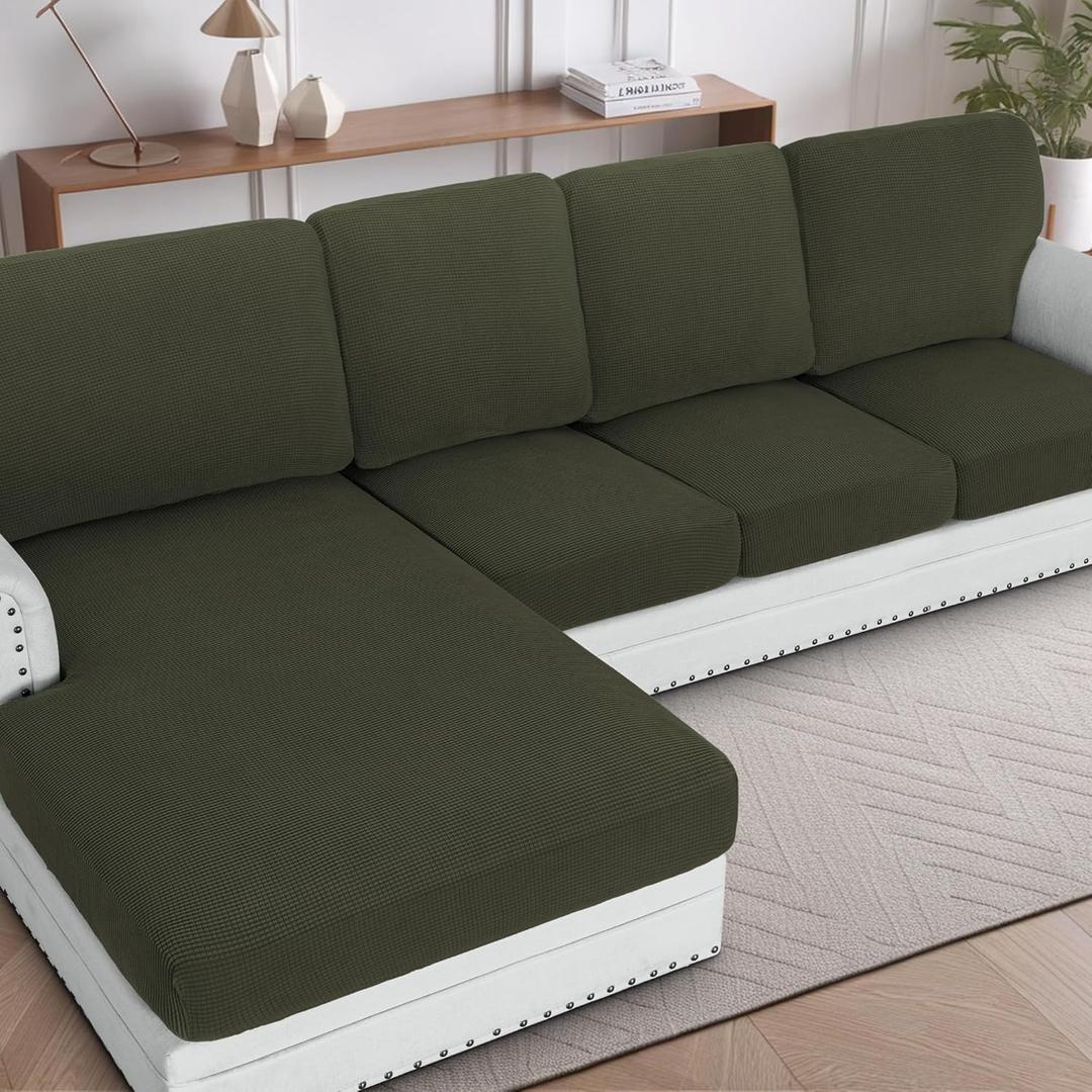 H.VERSAILTEX Sectional Couch Covers 4 Pieces Sofa Seat Cushion Covers L Shape Separate Cushion Couch Chaise Cover for Both Left/Right Sectional Couch (Seat Only: 1 Chaise + 3 Sofa, Olive)
