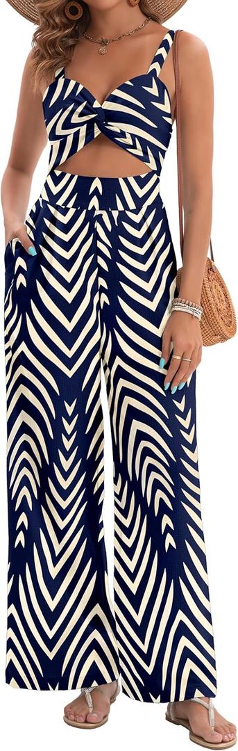 Womens Summer Jumpsuits Dressy Sexy V Neck Twist One Piece Outfits Sleeveless Casual Wide Leg Long Pant Rompers (Large, Navy Blue # Print)