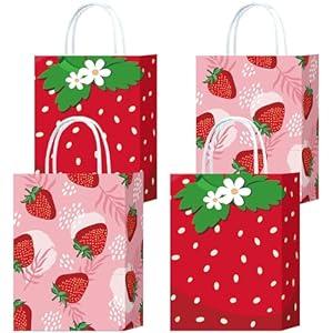 24pcs Strawberry Party Bags with Handles Red Pink Paper Goody Bags for Party Birthday Party Supplies Treat Candy Bags Favors Decor Girls Baby Shower Birthday Decoration (Strawberry)