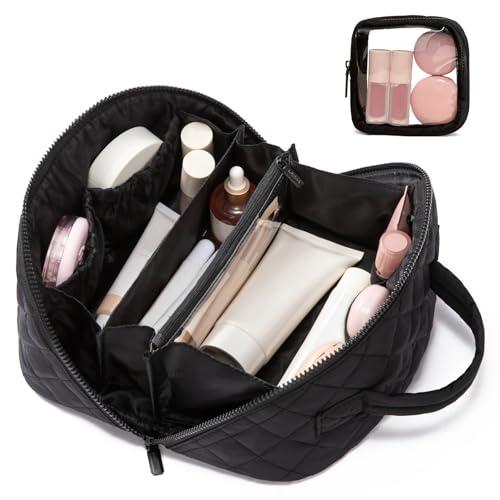 LOVEVOOK Travel Makeup Bag for Women, 2Pcs Puffer Waterproof Cosmetic Organizer, Large Capacity Pouch Open Flat Small Toiletry Bag with Brush Compartment & Handle (Black, Medium)