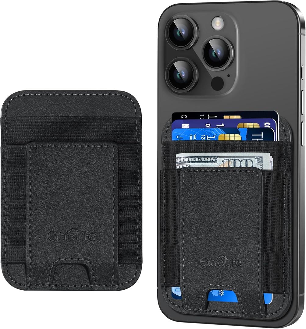 ExtreLife Phone Card Holder, Leather Wallet Stick On, Strongest Adhesive, RFID Blocking, Fit 7 Cards, Black
