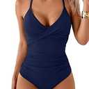 B2prity Women's One Piece Swimsuits Tummy Control Front Cross Bathing Suits Tie Back Slimming V Neck Swimwear (Large, Blue)
