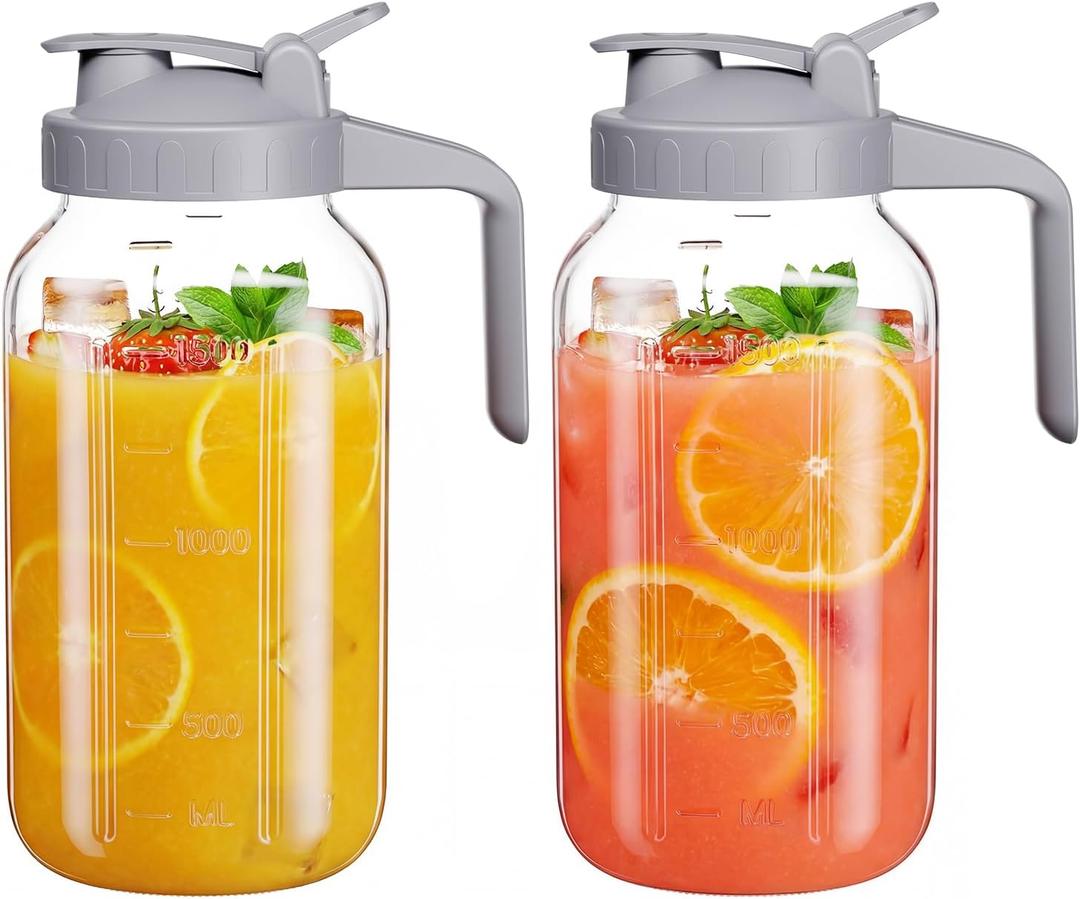 Glass Mason Jar Pitcher, 64 oz Wide Mouth Jug with Pour Spout Handle Lid for Cold Brew Coffee, Ice Beverage, Iced Juice, Lemonade, Sun Tea, Fruit Drinks Container(2Pack Gray)