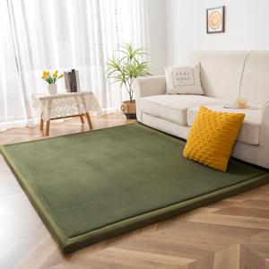 MAXYOYO Black Coral Velvet Area Rug, Thick Japanese Tatami Mat Living Room Carpet with Non-Slip Backing, Large Solid Color Mat for Bedroom Dormitory Yoga, 49 by 49 inch (Olive Green)