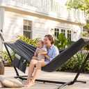 GAFETE Double Hammock with Stand for Outside, Upgraded Spreader Bar, Heavy Duty Space Saving Steel Stand 2 Person, Side Pocket, Easy Assembly, 600lbs Weight Capacity, Indoor & Outdoor (Dark Grey)