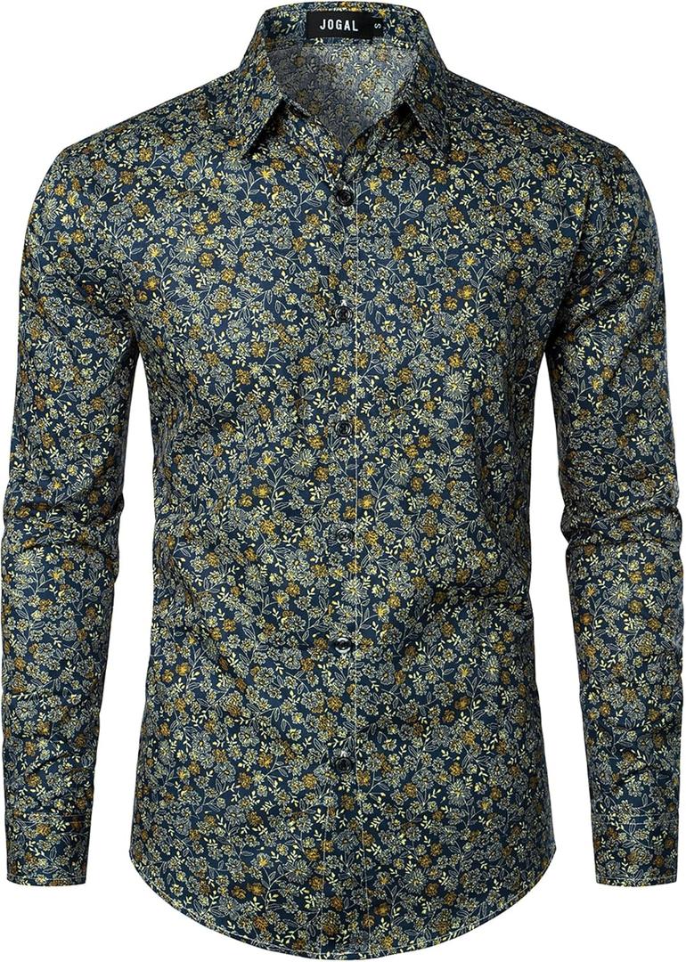 JOGAL Mens 70s Floral Dress Shirt Long Sleeve Printed Casual Button Down Shirts (Large, Navy Yellow)