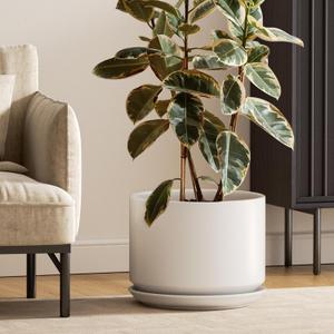 LE TAUCI 12 Inch Pots for Plants, Ceramic Indoor Plant Pots, Planters with Drainage Holes and Saucers, Flower Pots for Home & Office, White